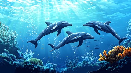 Fototapeta premium Three dolphins swim gracefully through a vibrant coral reef, bathed in sunlight.
