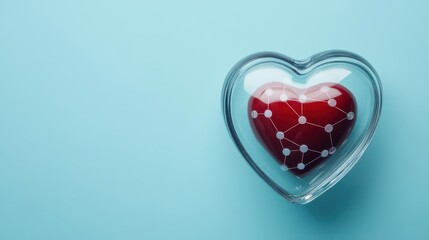 Inside a floating glass heart, interconnected circles represent networking and business relationships