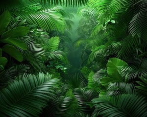 A dense jungle scene with towering trees, vines, and ferns, swaying softly in the breeze jungle, tropical, wind