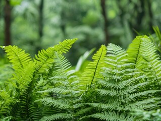 A group of tropical ferns swaying in unison in the warm breeze, set against a backdrop of jungle trees tropical ferns, jungle, wind
