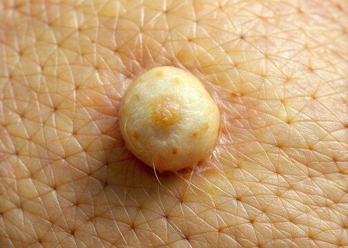 A close-up image of a human skin section displaying a horn cyst, characterized by a round, firm, and yellowish-white keratin-filled nodule with a rough texture.