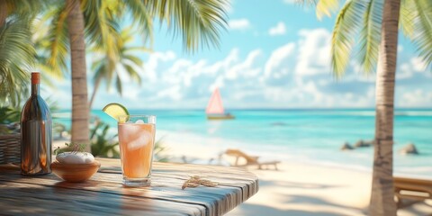 Fototapeta premium Beach scene with a cocktail, bottle, and palm trees.