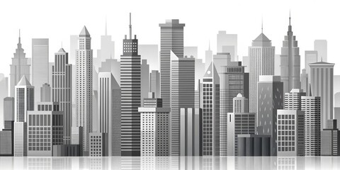 Monochrome Cityscape with Reflected Buildings, paper, grey , modern, urban, city
