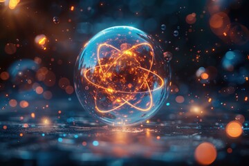 Obraz premium A glowing atom symbol inside a glass sphere with a dark blue and orange background.