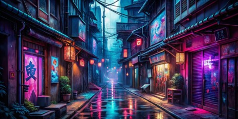 Fototapeta premium Neon-Lit Back Alley in a Cyberpunk Japanese City, Digital Art, Neon Cityscape, Cyberpunk Japan, 8K Resolution, Sci-Fi, Cyberpunk Art