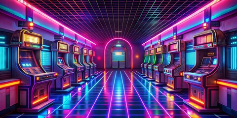 Neon Retro Arcade Corridor, 3D illustration, vintage arcade games, futuristic design, neon lights, cyberpunk, arcade