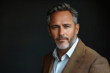 portrait of confident middleaged businessman professional attire neutral background strong pose experienced leadership