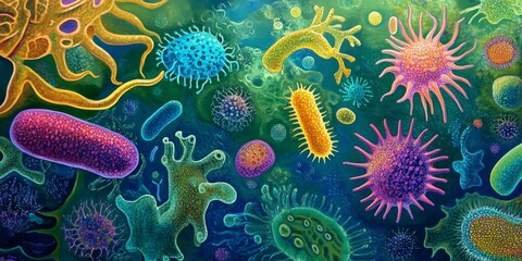 Fototapeta premium Colorful microscopic image of various cells.