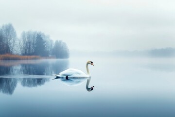 A Single Swan Swimming in a Misty Lake