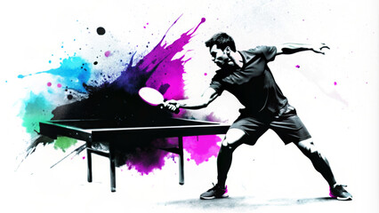 A table tennis player is depicted in action with bright splashes of color behind him, highlighting the movement and dynamism of the sport. The black and white player creates a dramatic contrast.AI gen