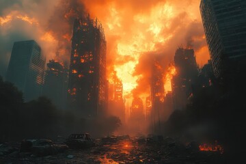 Obraz premium postapocalyptic urban landscape with crumbling skyscrapers and abandoned vehicles warm hazy light filters through a smokefilled sky creating an atmosphere of desolation and eerie beauty