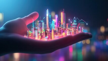Futuristic Cityscape in Hand with Neon Lights and Digital Graphs Representing Modern Technology and Innovation