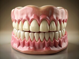 Obraz premium A detailed, anatomically correct, 3D model of a human dental arch, showcasing pearly white teeth, pink gums, and intricate tooth roots against a neutral background.