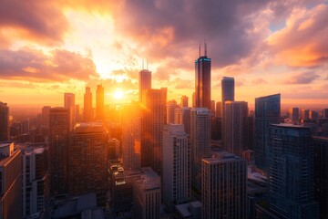 Fototapeta premium Golden Hour Skyline Cityscape with Dramatic Clouds