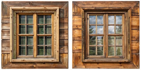 Obraz premium Rustic Wooden Window Frame with Glass Panes Reflecting Trees and Sky, Rustic Wood Window Frame, Window View, Old Window