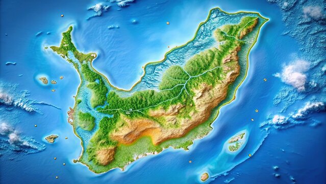 A detailed topographic map highlighting the island of Guam, a US territory in the Pacific Ocean, with surrounding waters and neighboring islands showcased.