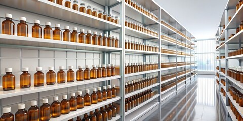 Obraz premium Shelves Full of Amber Bottles in a Modern Lab, Glass Bottles, Storage, Lab Supplies, Laboratory