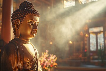 Golden Buddha Statue in Temple with Light Rays