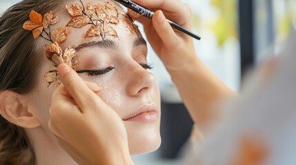 Creating Halloween Magic Makeup Artist Applying Intricate Special Effects with Bold Colors and Textures on Model's Face