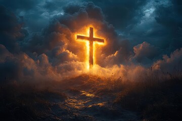 powerful religious image of illuminated cross on golgotha hill dramatic clouds parting to reveal divine light symbolizing hope and resurrection