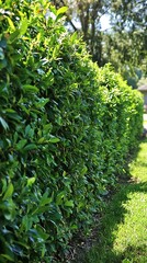 Naklejka premium Lush Green Hedge in a Sunny Garden.
