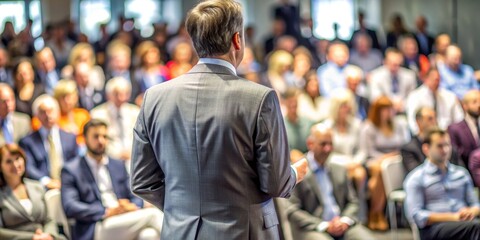Obraz premium Speaker Facing Audience, Rear View, Blurred Background, Business Conference, Public Speaking, Leadership, Conference
