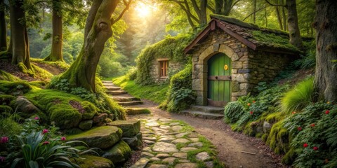 Stone Cottage Path in Enchanted Forest, mossy, sunlight, forest path ,fantasy, cottage