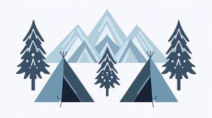 Obraz premium Simple illustration of two blue tents in a snowy mountain forest.