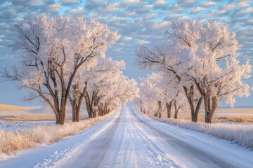 Fototapeta premium A Snowy Country Road Lined with Frost-Covered Trees
