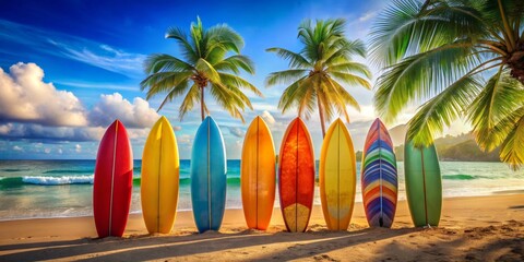 Sunset Surfboards on Tropical Beach, Palm Trees, Ocean Waves, Summer Vacation, Surfing, Beach Life, Travel
