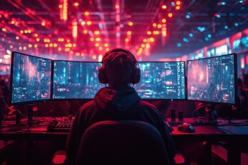 Obraz premium pro gamers in neonlit arena holographic screens and intense focus esports championship