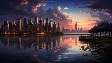 Obraz premium Cityscape at Sunset with a Tranquil Waterfront