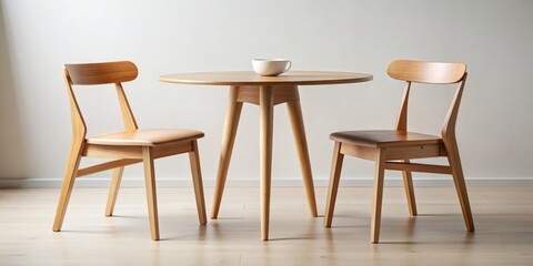 Two Wooden Chairs and a Round Table with a Cup, Minimalist Design, Home Decor, Interior Design, Furniture , wooden chairs, round table