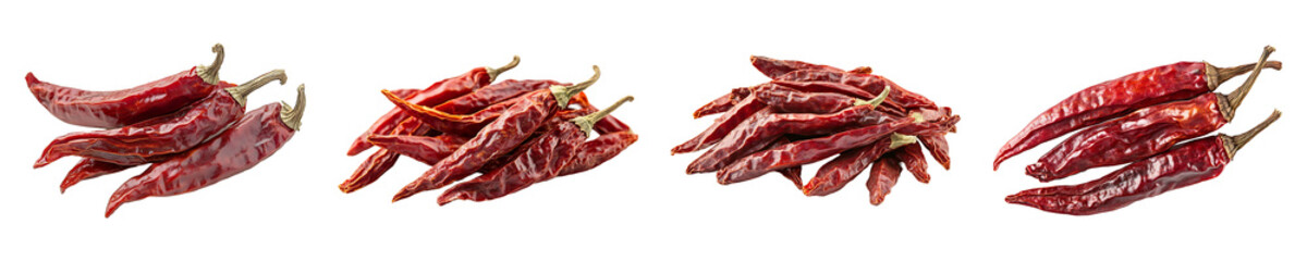 Obraz premium Set, collection of Dried red chili peppers isolated on transparent background.