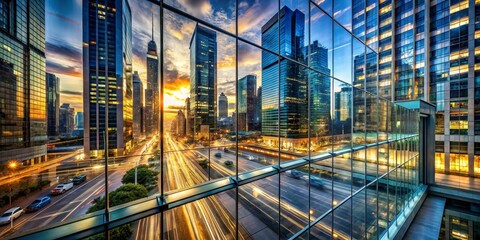 Urban Glass Reflection, Cityscape, Skyscrapers, Night , Lights , Architecture