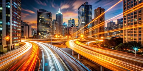 Fototapeta premium Urban Skyline with Light Trails, Night, Cityscape, Long Exposure, Traffic, Downtown, City Lights