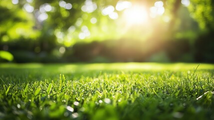 Fototapeta premium Close-up of a lush green lawn with neatly trimmed grass, creating a vibrant and well-maintained outdoor scene
