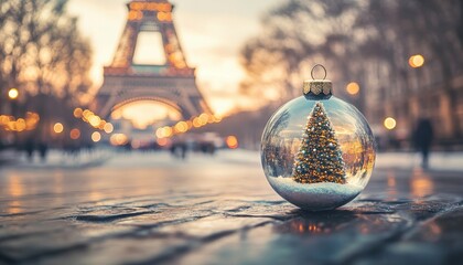 Eiffel tower reflected in a christmas tree bauble  paris new year s eve celebration concept