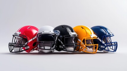Fototapeta premium A collection of colorful football helmets arranged in a row, showcasing different designs and colors against a neutral background.
