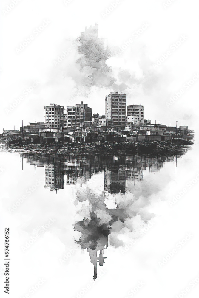 Wall mural Malakal, South Sudan, black and white pen pencil hand-drawn effect portrait drawing illustration for travel poster, card, wallpaper, backdrop or banner. Modern, clear, artistic and simple