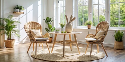 Obraz premium Wicker Chairs and Round Table in Sunny Living Room with Green Plants, Natural Light, Interior Design, Home Decor, Modern Style, Cozy Atmosphere, Bright Room