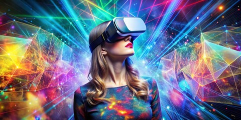 Fototapeta premium Woman in VR Headset Exploring Neon Geometric World, VR, Virtual Reality, Digital Art