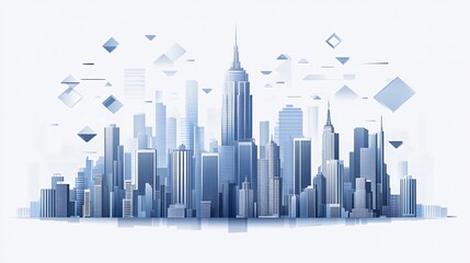 Fototapeta premium Minimalist cityscape illustration with geometric shapes on white background.