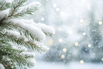 Snow covered christmas tree with bokeh lights, ideal for a winter holiday season banner