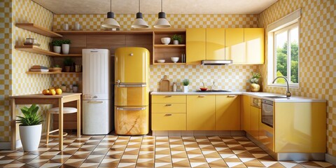 Yellow Kitchen with Retro Appliances and Checkered Walls, Kitchen Design, Interior Design, Retro Kitchen