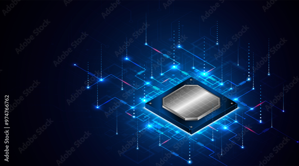 Poster Microchip processor circuit board technology on dark blue background. Information Processing Concept. Circuit board hi-tech technology background. vector illustration	