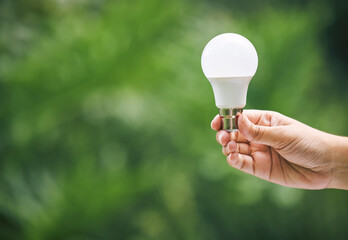 Hands, nature and light bulb for eco friendly, sustainability and idea with renewable energy...
