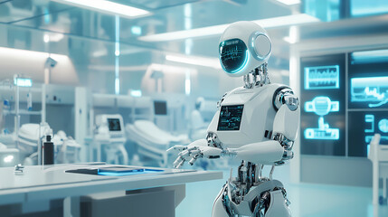 Mlp 3d rendering medical artificial intelligence droid robot working in future hospital. futuristic prosthetic healthcare for patient and biomedical technology concept. Augmented Reality. Illustration