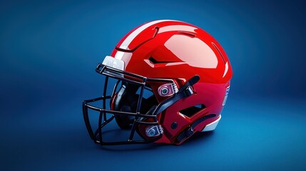 Fototapeta premium A vibrant red football helmet on a blue background, showcasing its sleek design and sporty appeal.