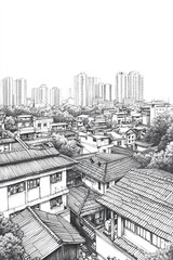 Malang, Indonesia, black and white pen pencil hand-drawn effect portrait drawing illustration for travel poster, card, wallpaper, backdrop or banner. Modern, clear, artistic and simple